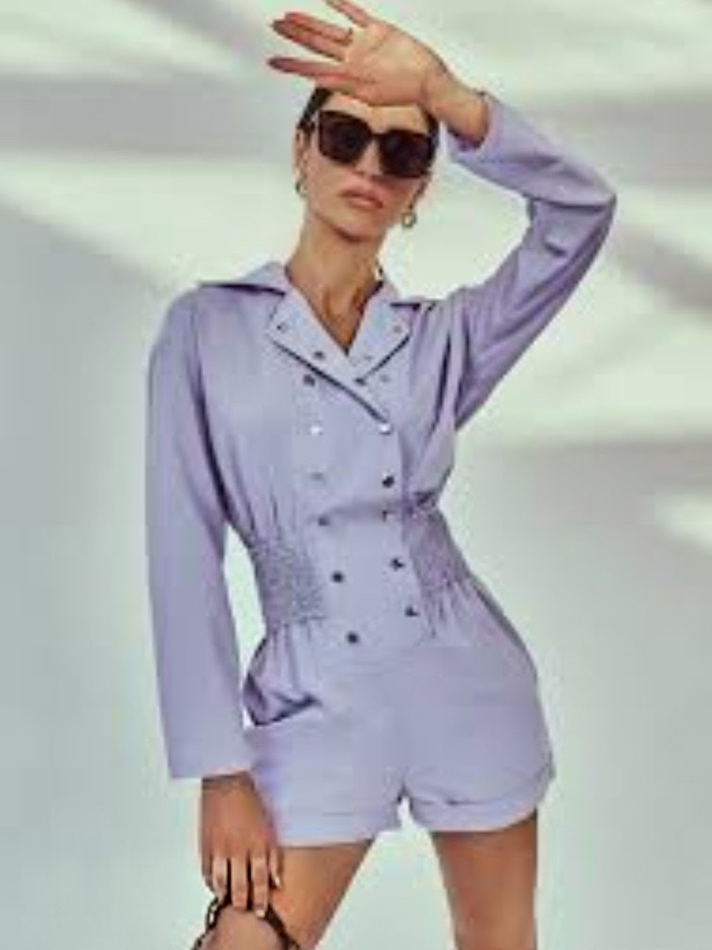 Lavender Double-Breasted Long-Sleeve Romper with Shirred Waist